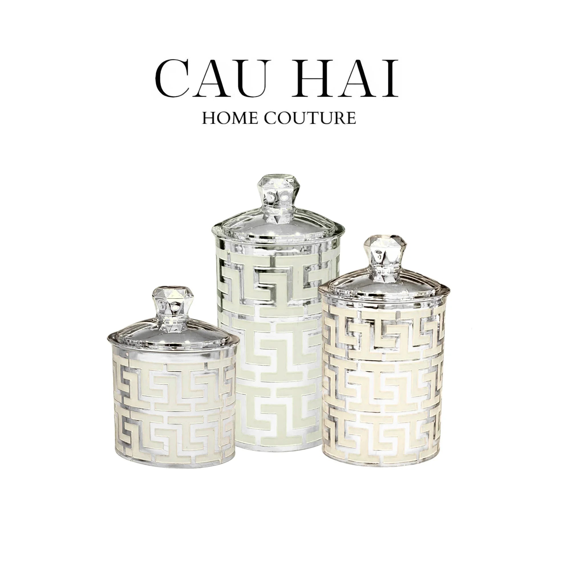 SET 3 LỌ PANTRY ACRY - PLATINUM GREEK KEY-CẬU HAI HOME DECOR