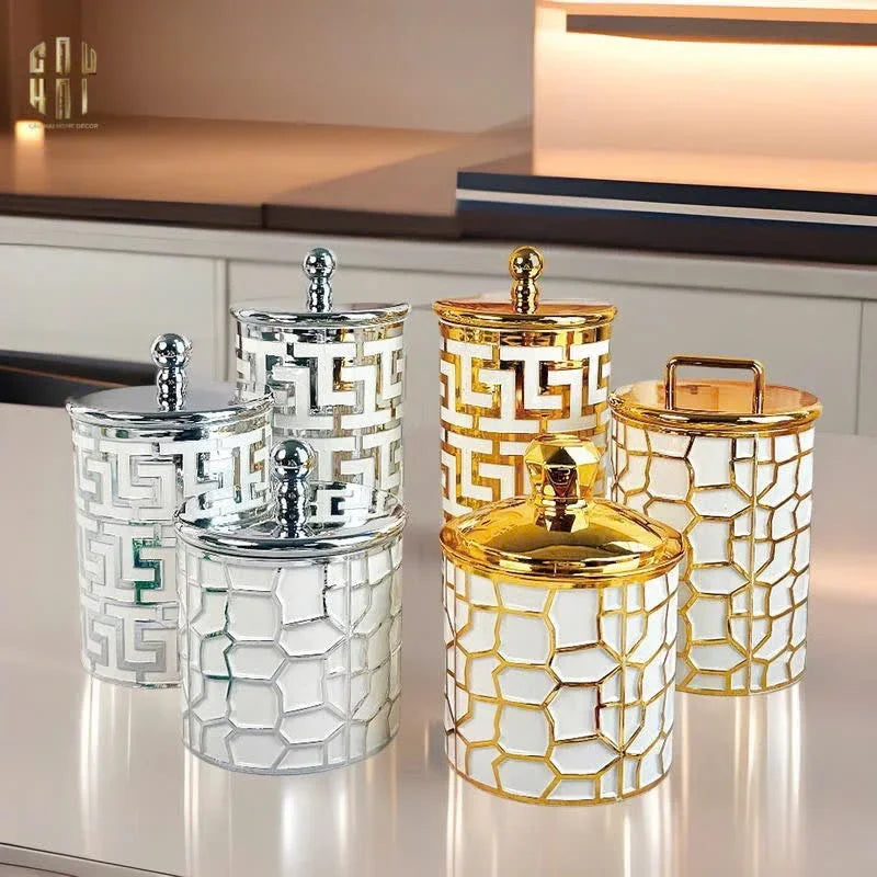 SET 3 LỌ PANTRY ACRY - PLATINUM GREEK KEY-CẬU HAI HOME DECOR