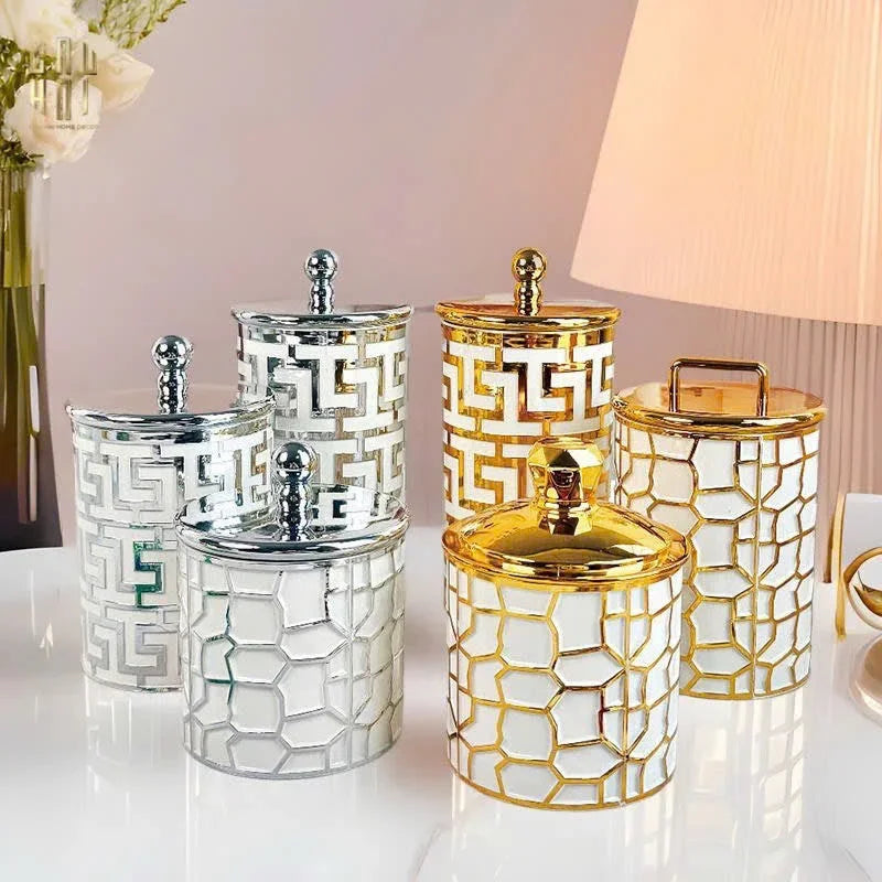 SET 3 LỌ PANTRY ACRY - PLATINUM GREEK KEY-CẬU HAI HOME DECOR