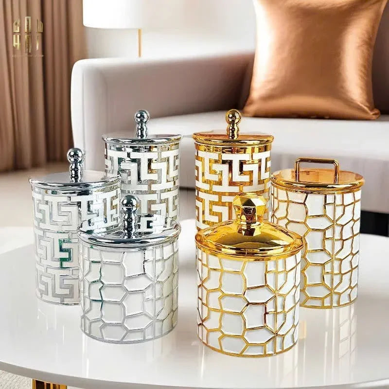 SET 3 LỌ PANTRY ACRY - PLATINUM GREEK KEY-CẬU HAI HOME DECOR