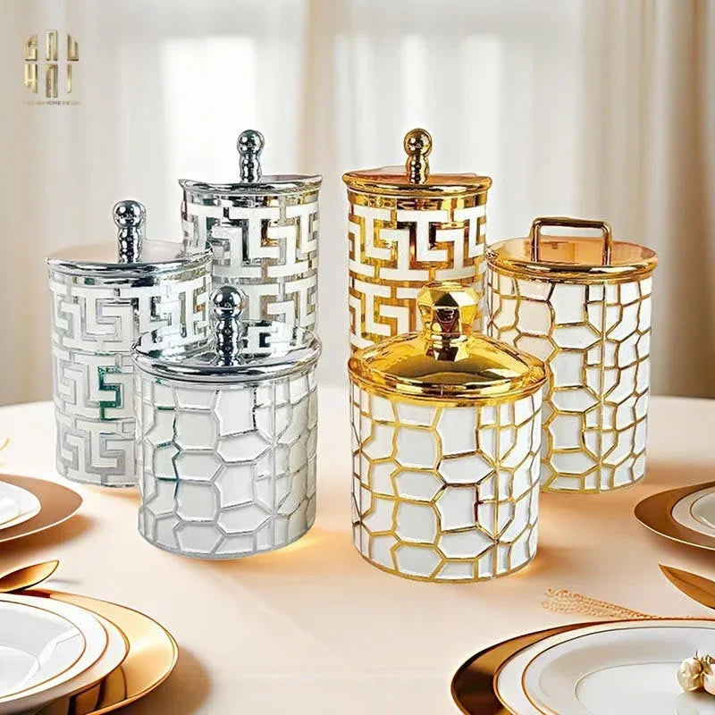 SET 3 LỌ PANTRY ACRY - PLATINUM GREEK KEY-CẬU HAI HOME DECOR