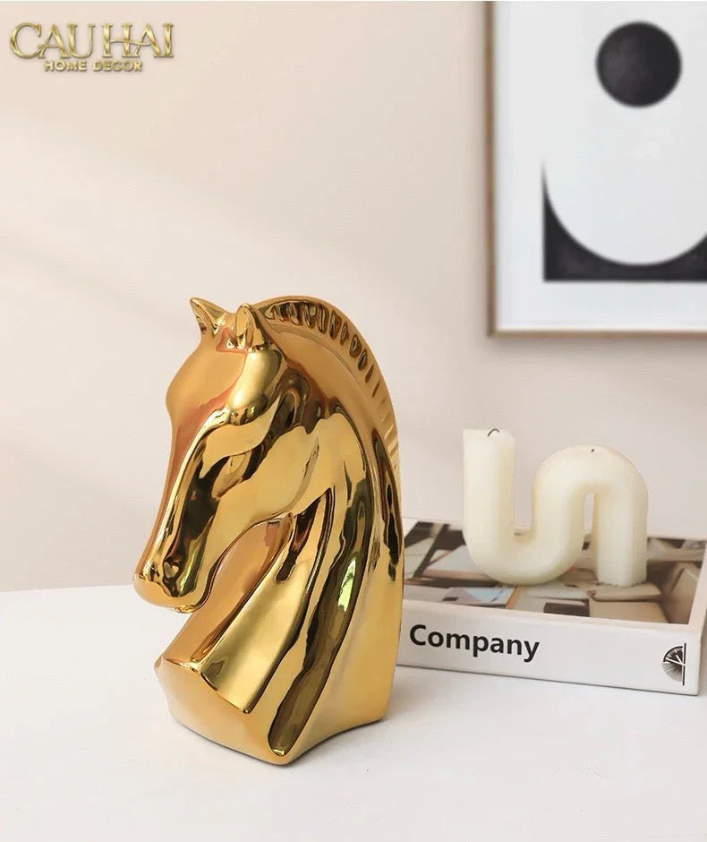 Set 3 Tượng Ngựa Gốm Sứ Mạ Vàng L'Atélier Gilded Chevaux-TƯỢNG TRANG TRÍ-CẬU HAI HOME DECOR