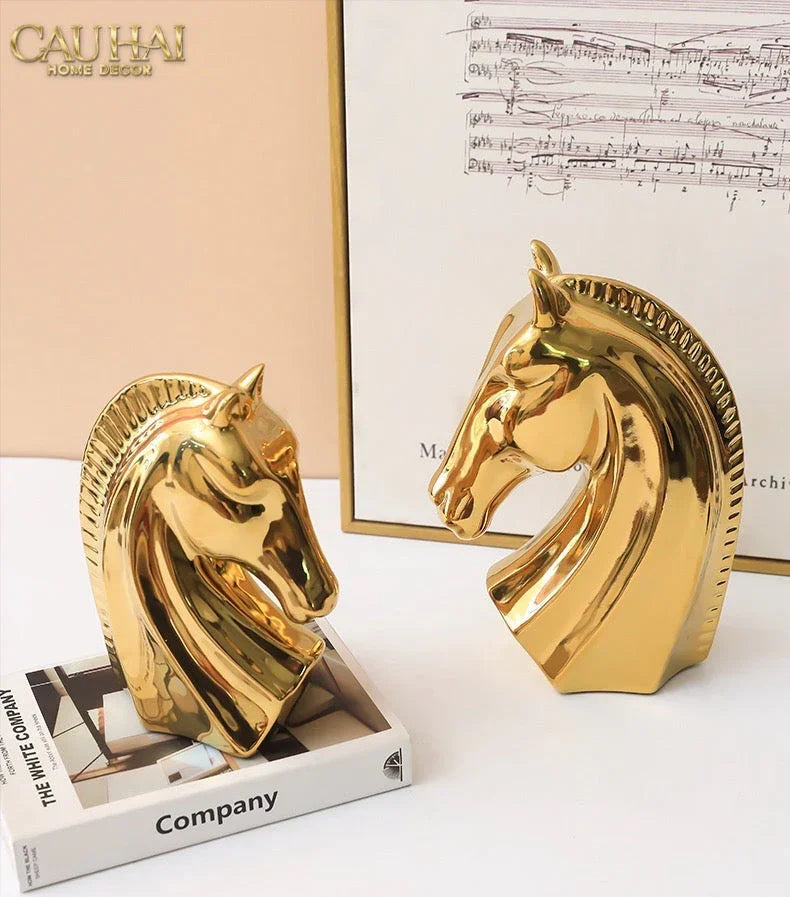 Set 3 Tượng Ngựa Gốm Sứ Mạ Vàng L'Atélier Gilded Chevaux-TƯỢNG TRANG TRÍ-CẬU HAI HOME DECOR