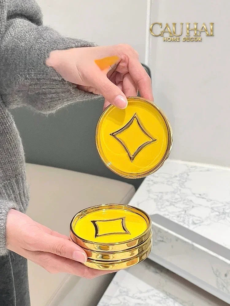 Set 4 Lót Ly Sứ Đồng Tiền Tài Lộc Golden Coin Ceramic Glasses Coaster-CẬU HAI HOME DECOR