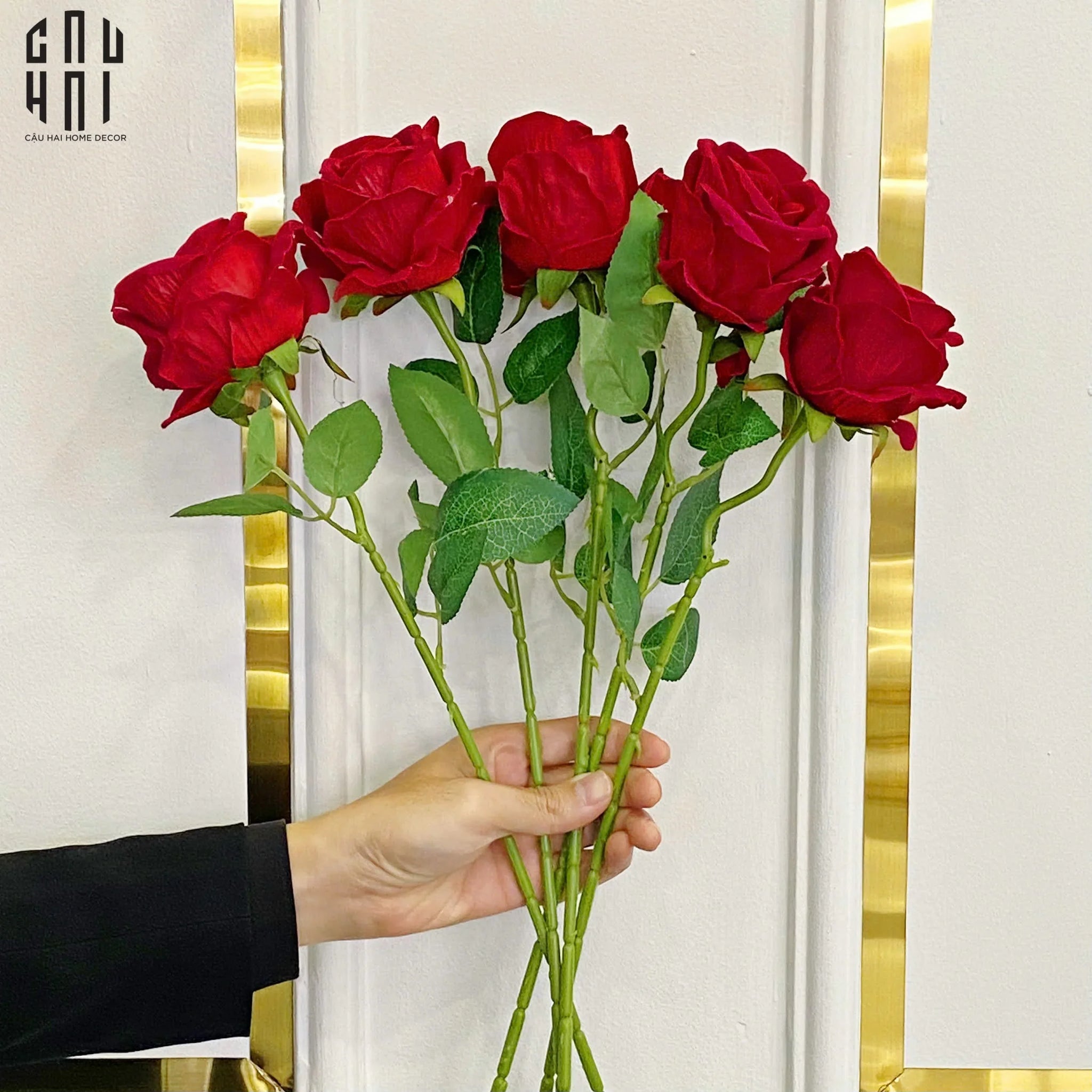 SET 5 CÀNH HOA HỒNG NHUNG - VELVET ROSE - RED-CẬU HAI HOME DECOR