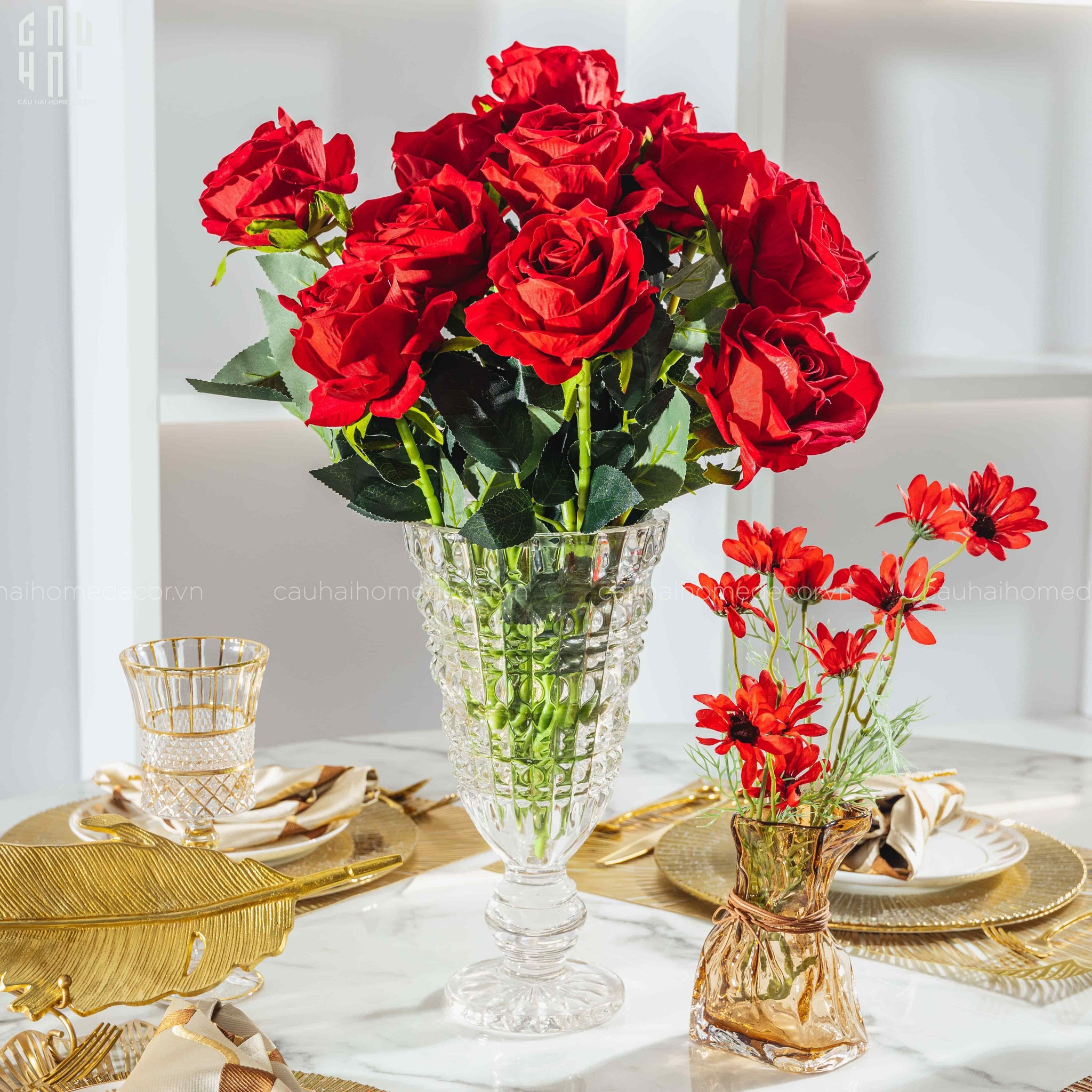 SET 5 CÀNH HOA HỒNG NHUNG - VELVET ROSE - RED-CẬU HAI HOME DECOR