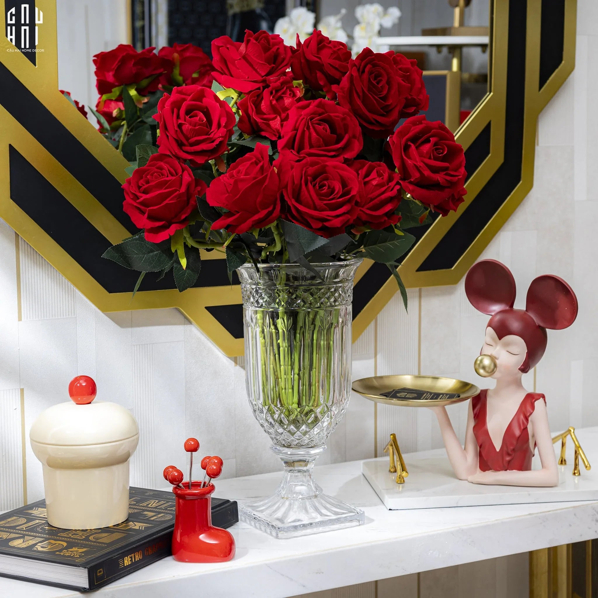 SET 5 CÀNH HOA HỒNG NHUNG - VELVET ROSE - RED-CẬU HAI HOME DECOR