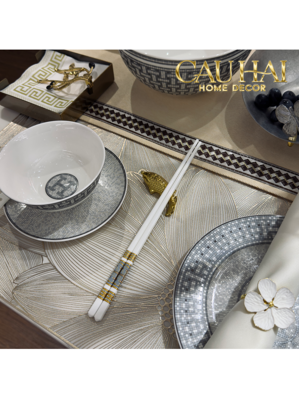 Set 6 Đôi Đũa Sứ H Class Signature H Mosaique Couture Ceramic Chopsticks Set-Dinner Cutlery Set Dao Muỗng Nĩa-Đối tác tại Trung Quốc theo từng đơn đặt hàng-CẬU HAI HOME DECOR