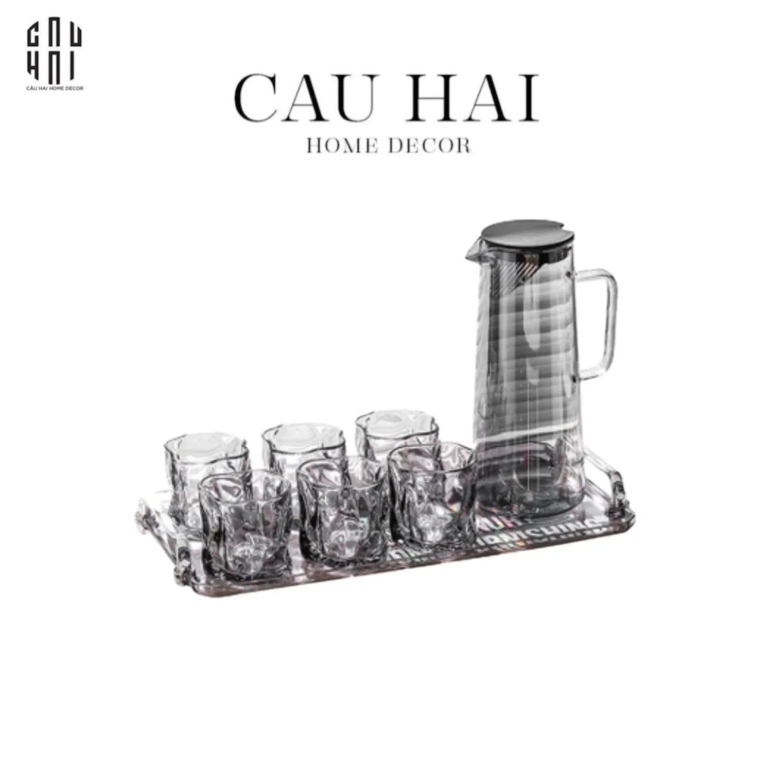 Set Bình Nước Elite 6 Ly Thuỷ Tinh Xám Kèm Khay Minimal – Carafe & Glass Set 8pcs-CẬU HAI HOME DECOR