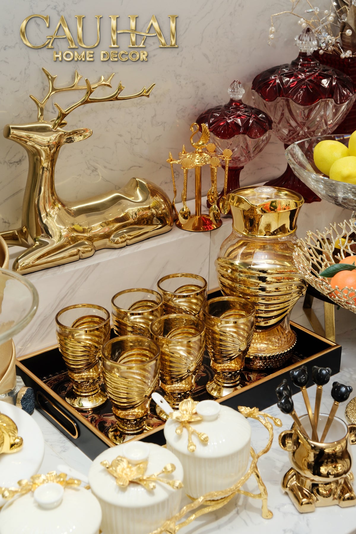Set Bình Nước Ly Thủy Tinh Papillon Éclat D’Or 7pcs-Set bình nước Carafe & Glassware Ensemble-CẬU HAI HOME DECOR-CẬU HAI HOME DECOR