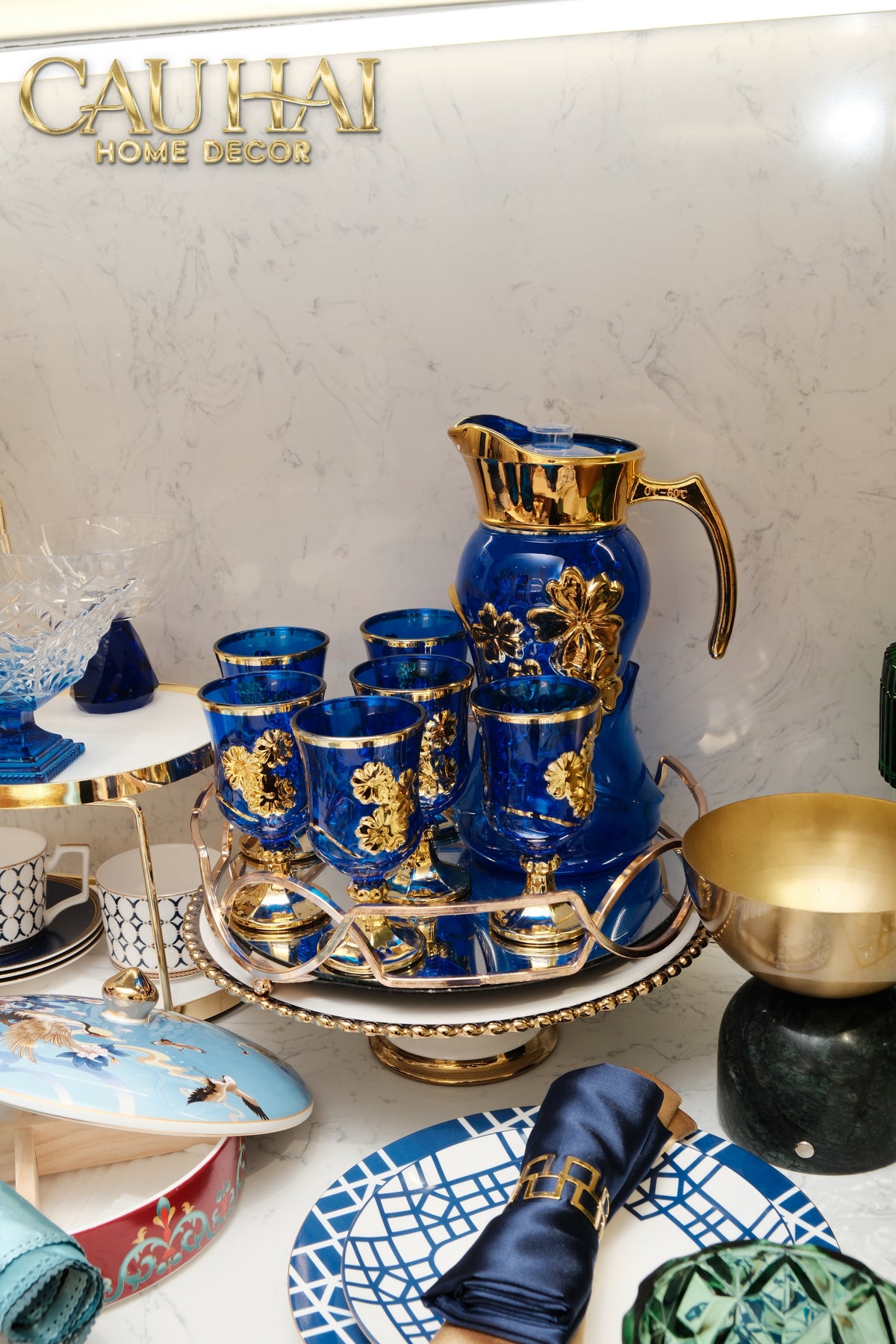Set Binh Nuoc Thuy Tinh Grand Marquis Bleu Saphir Glass 7pcs-Set bình nước Carafe & Glassware Ensemble-CẬU HAI HOME DECOR