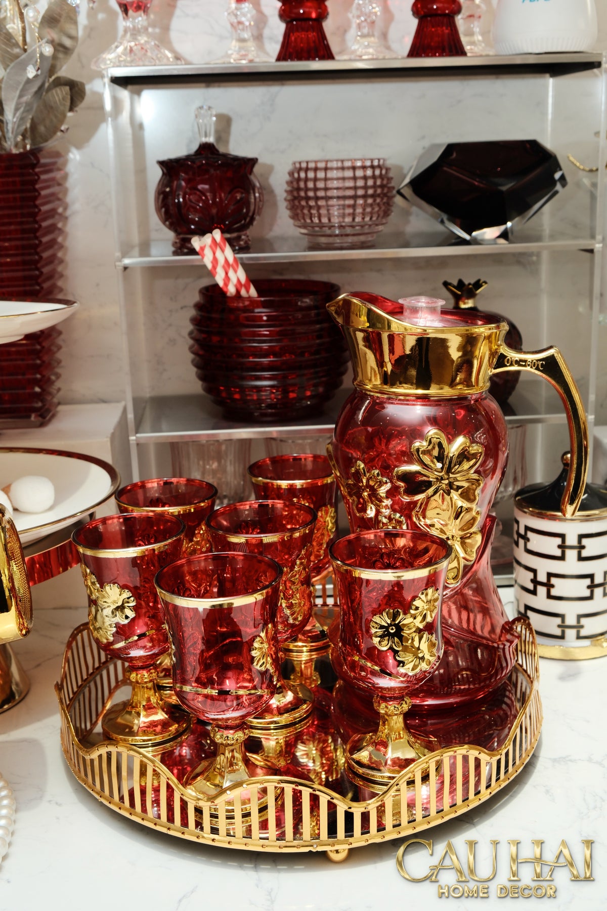 Set Binh Nuoc Thuy Tinh Grand Marquis Rubis Rouge Glass 7pcs-Set bình nước Carafe & Glassware Ensemble-CẬU HAI HOME DECOR