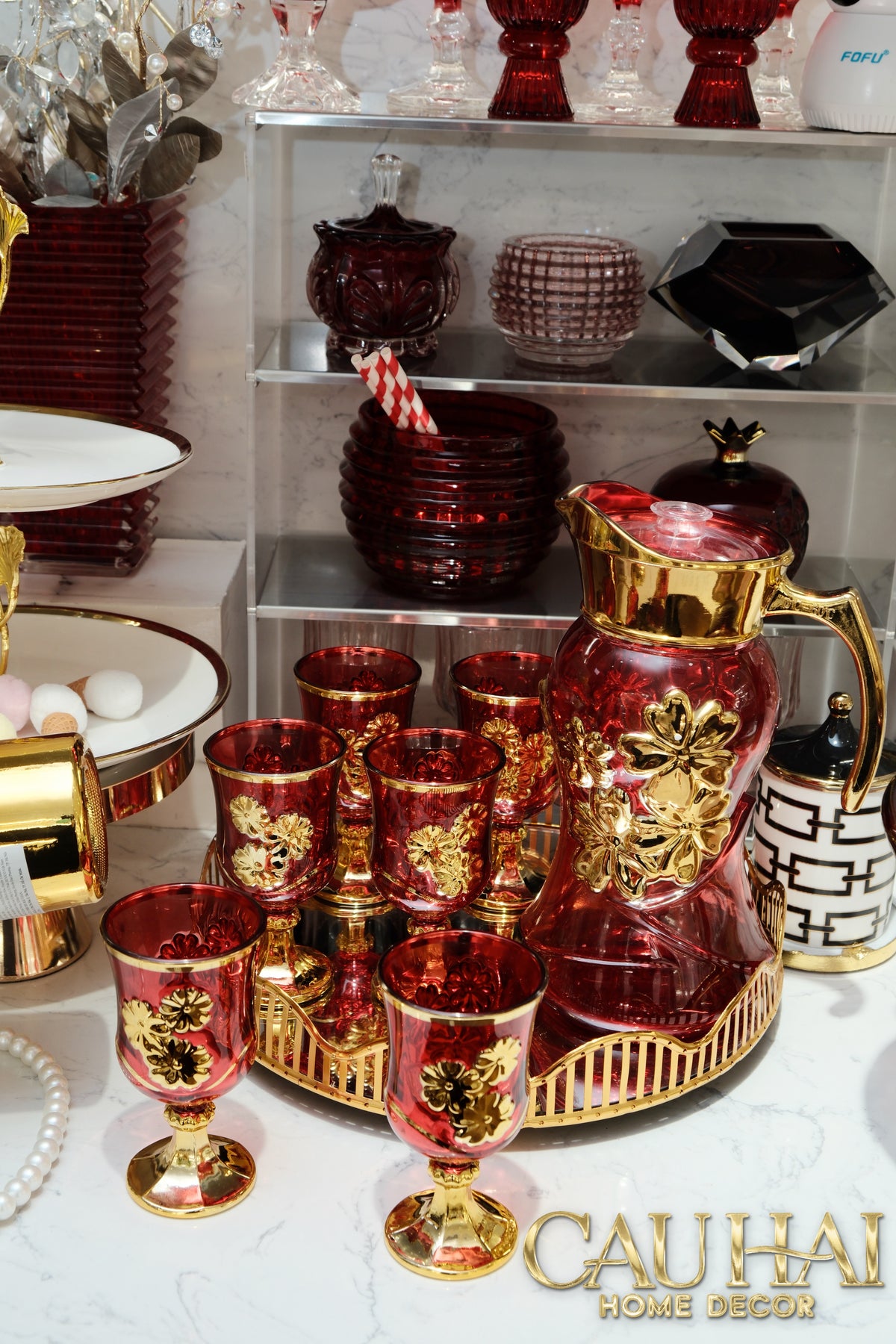 Set Binh Nuoc Thuy Tinh Grand Marquis Rubis Rouge Glass 7pcs-Set bình nước Carafe & Glassware Ensemble-CẬU HAI HOME DECOR
