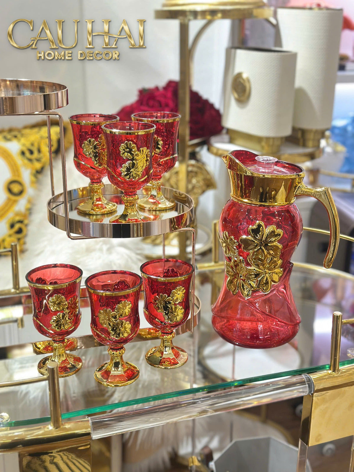 Set Binh Nuoc Thuy Tinh Grand Marquis Rubis Rouge Glass 7pcs-Set bình nước Carafe & Glassware Ensemble-CẬU HAI HOME DECOR