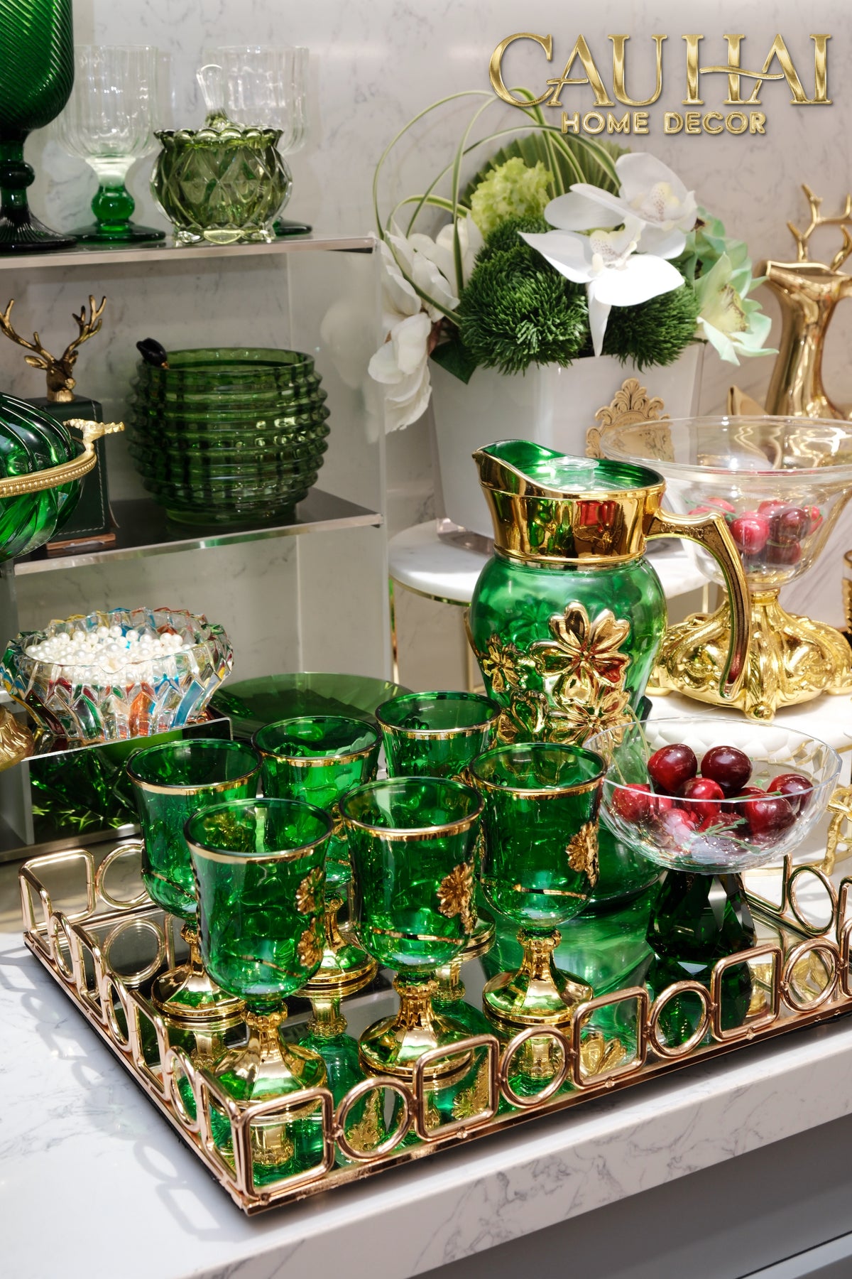 Set Binh Nuoc Thuy Tinh Grand Marquis Vert Jade Glass 7pcs-Set bình nước Carafe & Glassware Ensemble-CẬU HAI HOME DECOR