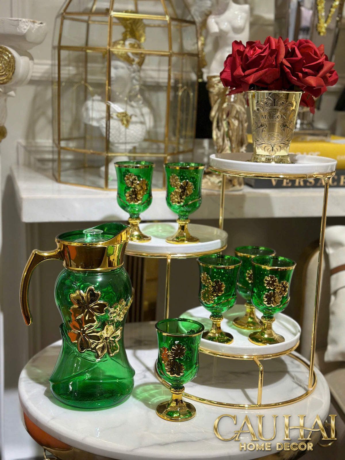 Set Binh Nuoc Thuy Tinh Grand Marquis Vert Jade Glass 7pcs-Set bình nước Carafe & Glassware Ensemble-CẬU HAI HOME DECOR