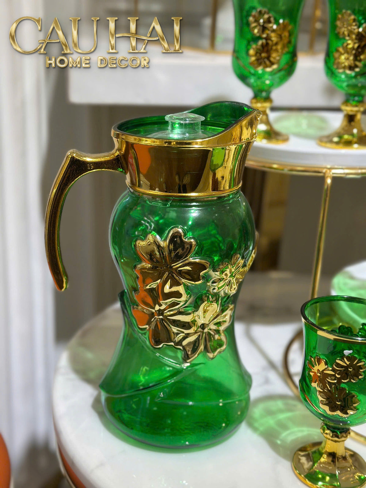 Set Binh Nuoc Thuy Tinh Grand Marquis Vert Jade Glass 7pcs-Set bình nước Carafe & Glassware Ensemble-CẬU HAI HOME DECOR