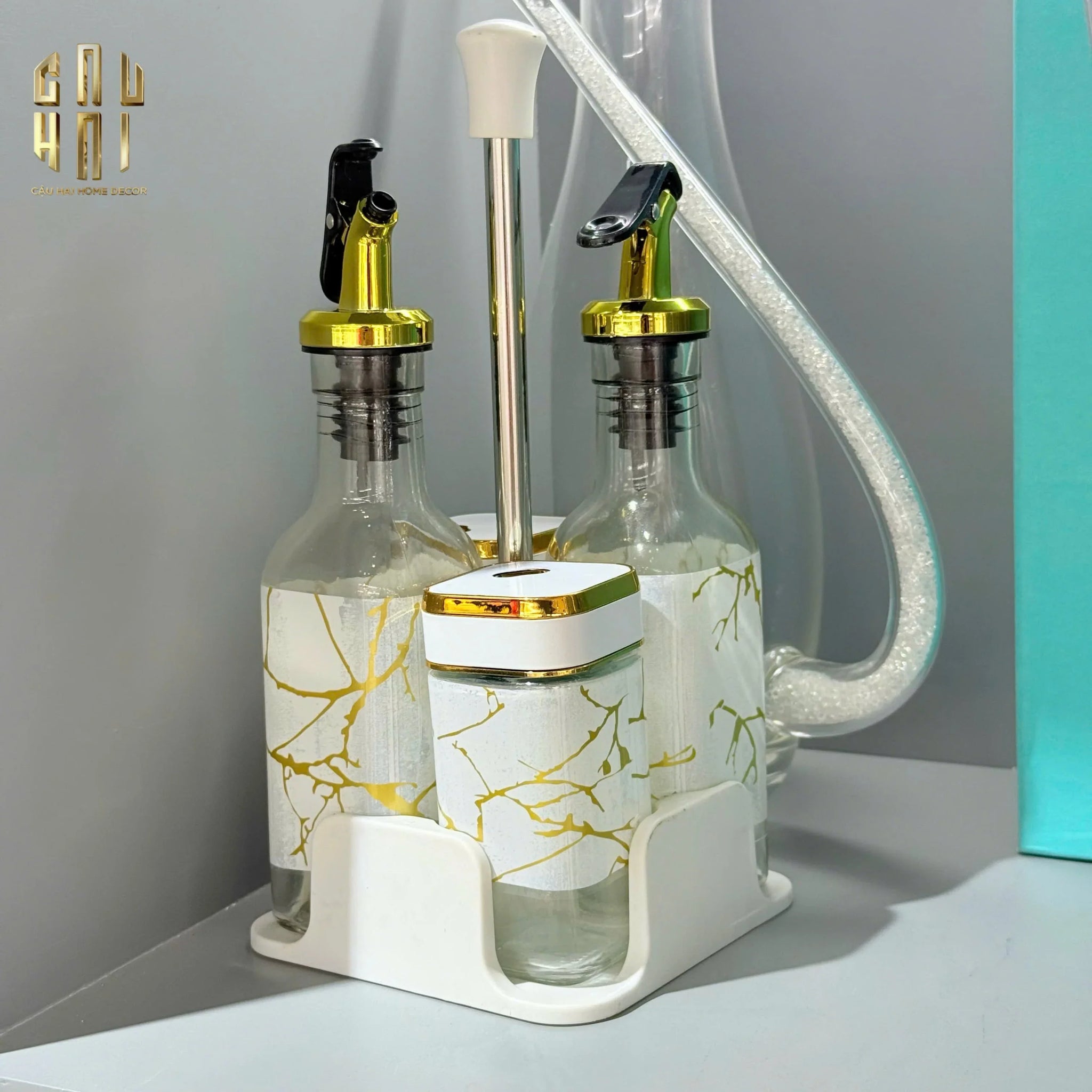 SET CHAI LỌ GIA VỊ GOLDEN VEIN WHITE FW25-CẬU HAI HOME DECOR