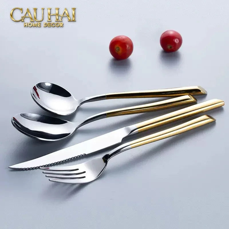 Set Dao Muỗng Nĩa 4 Món Élégance Allure Gilded Silver Dualité Premium Cutlery 4pcs-CẬU HAI HOME DECOR