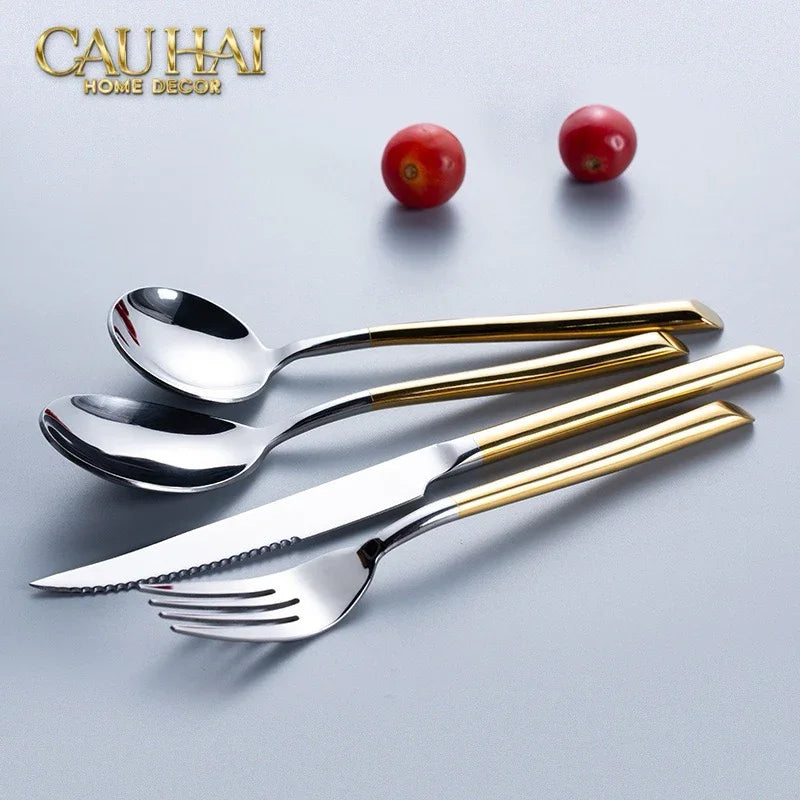 Set Dao Muỗng Nĩa 4 Món Élégance Allure Gilded Silver Dualité Premium Cutlery 4pcs-CẬU HAI HOME DECOR