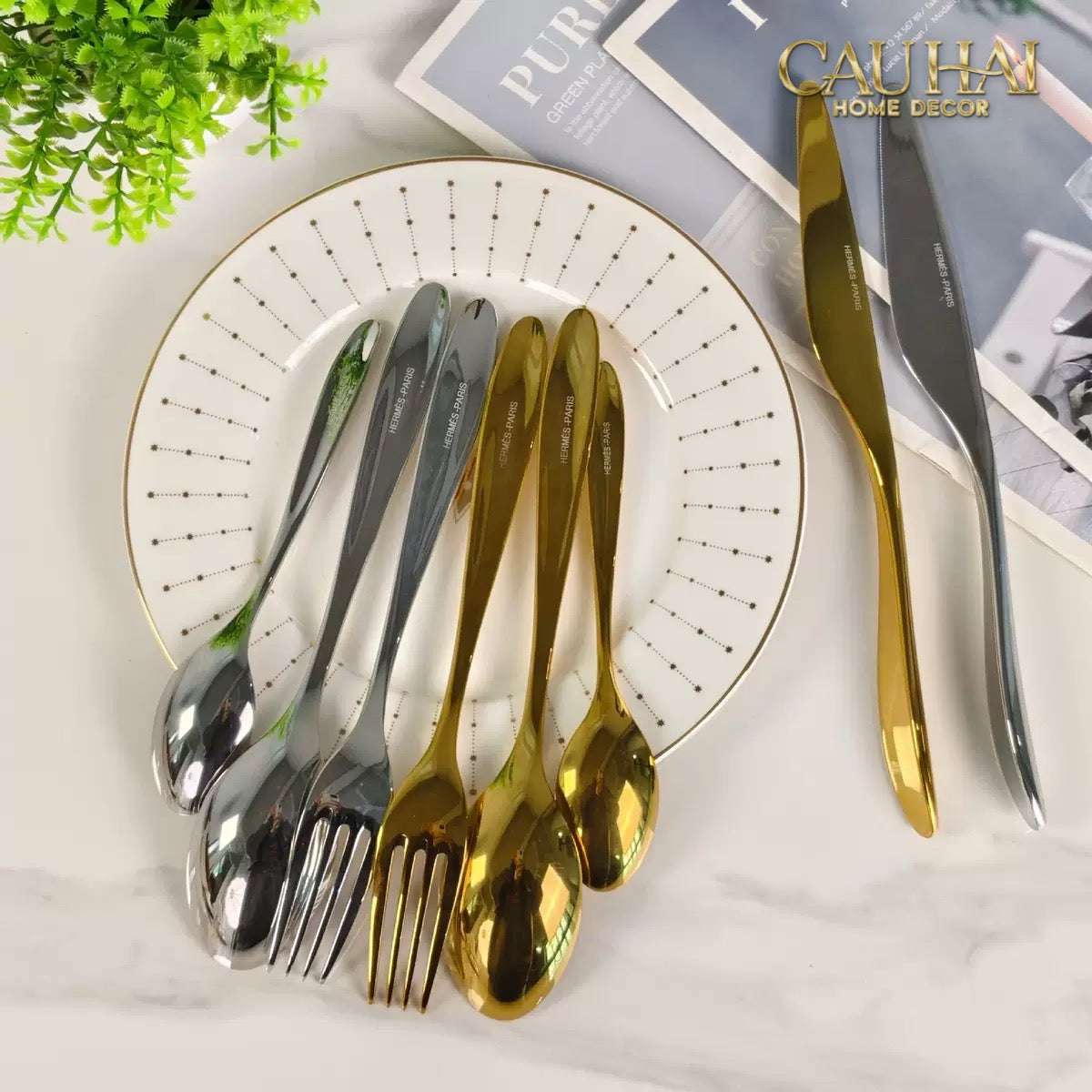 Set Dao Muỗng Nĩa 4 Món H Class Golden Attelage Noble Dinner Cutlery 4pcs-CẬU HAI HOME DECOR