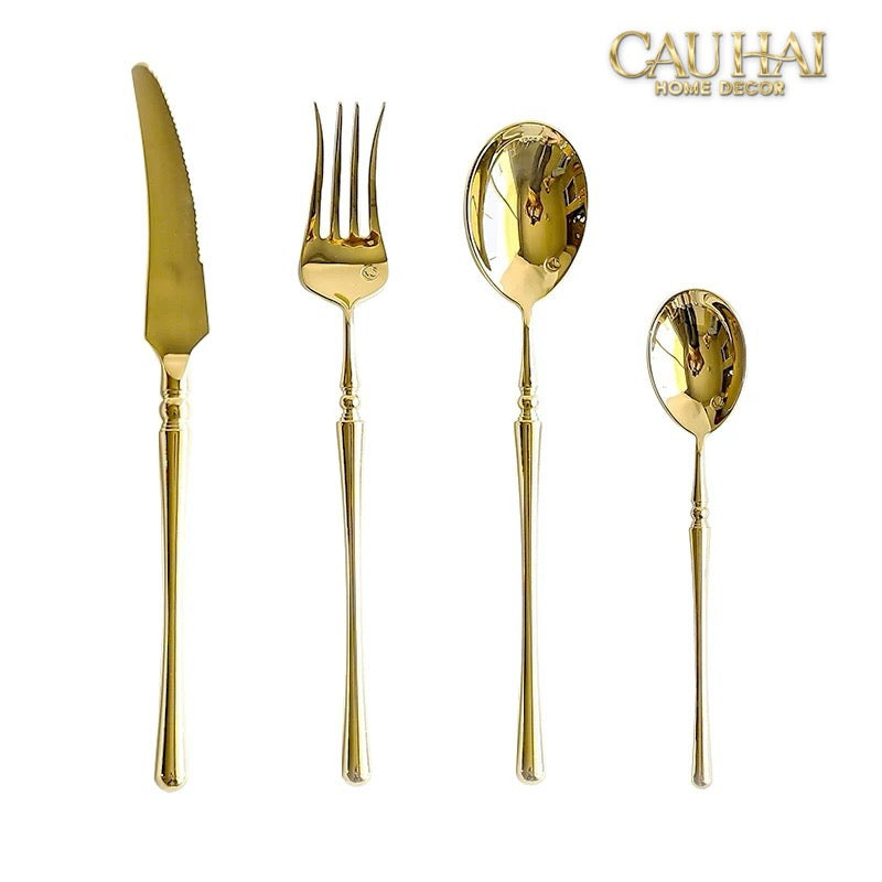 Set Dao Muỗng Nĩa 4 Món Haute Glamour Trident - Shining Golden Premium Cutlery 4pcs-CẬU HAI HOME DECOR