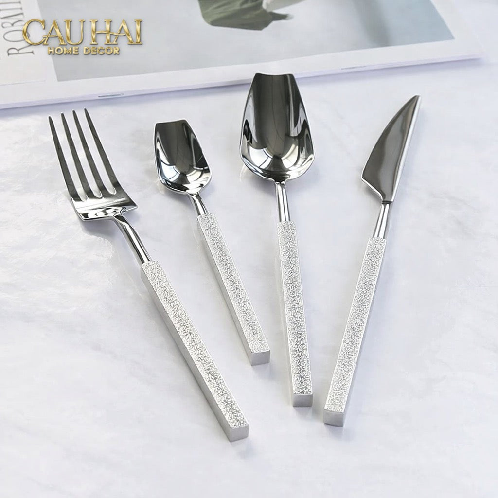 Set Dao Muỗng Nĩa 4 Món Raw Metal Gold Hybrid Dinner Cutlery Set 4pcs-CẬU HAI HOME DECOR