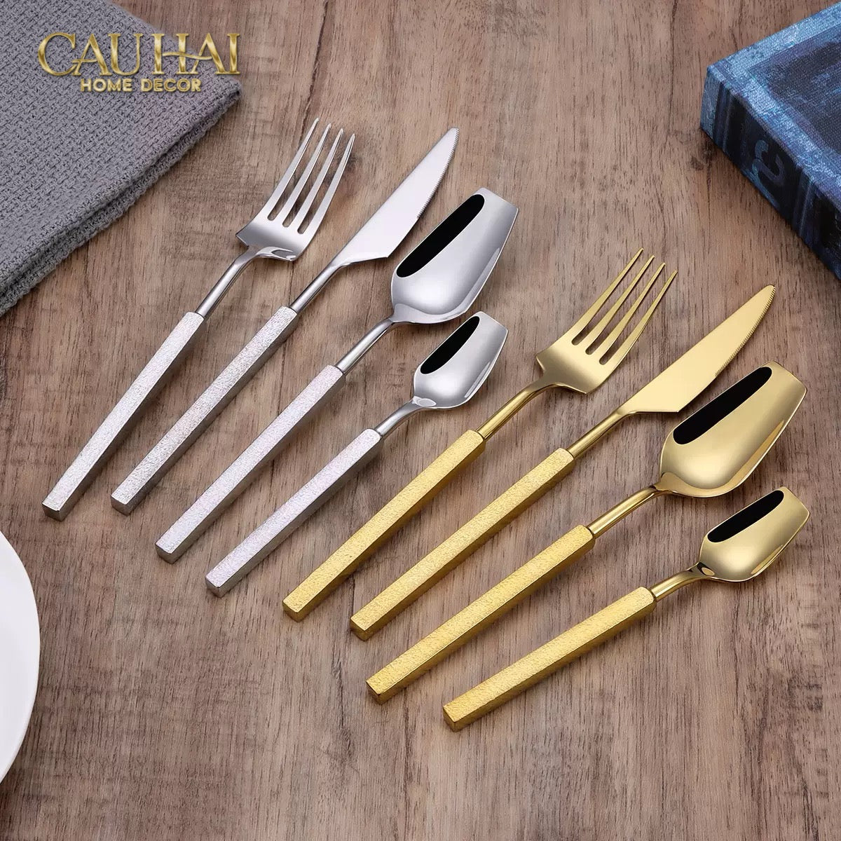 Set Dao Muỗng Nĩa 4 Món Raw Metal Gold Hybrid Dinner Cutlery Set 4pcs-CẬU HAI HOME DECOR