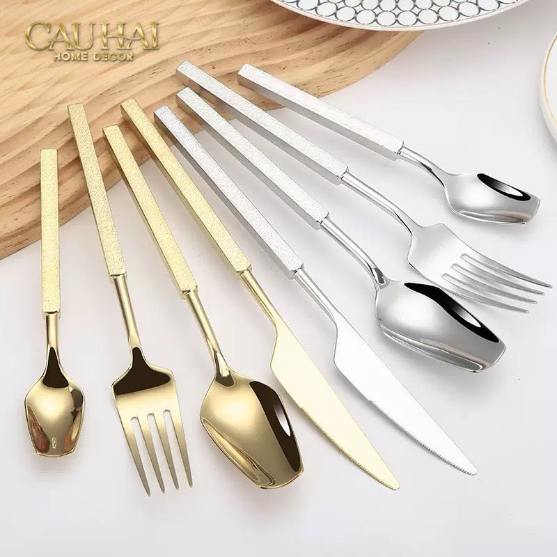 Set Dao Muỗng Nĩa 4 Món Raw Metal Gold Hybrid Dinner Cutlery Set 4pcs-CẬU HAI HOME DECOR