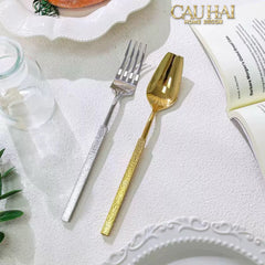 Set Dao Muỗng Nĩa 4 Món Raw Metal Gold Hybrid Dinner Cutlery Set 4pcs-CẬU HAI HOME DECOR
