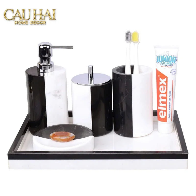 Set Nhà Tắm Đá Marble Trắng Đen Bản Đặc Biệt - Monolith Noir & Ivoire Oval Tray - Bathroom Vanities 4pcs-CẬU HAI HOME DECOR