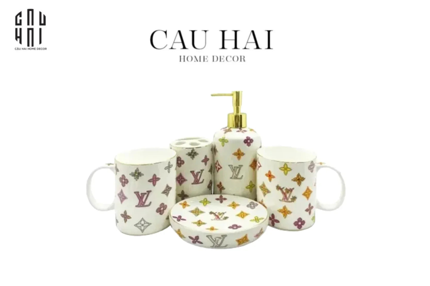 SET NHÀ TẮM LUXURY LOUIS. V MONOGRAM 5PCS - FULL BOX SS25-CẬU HAI HOME DECOR