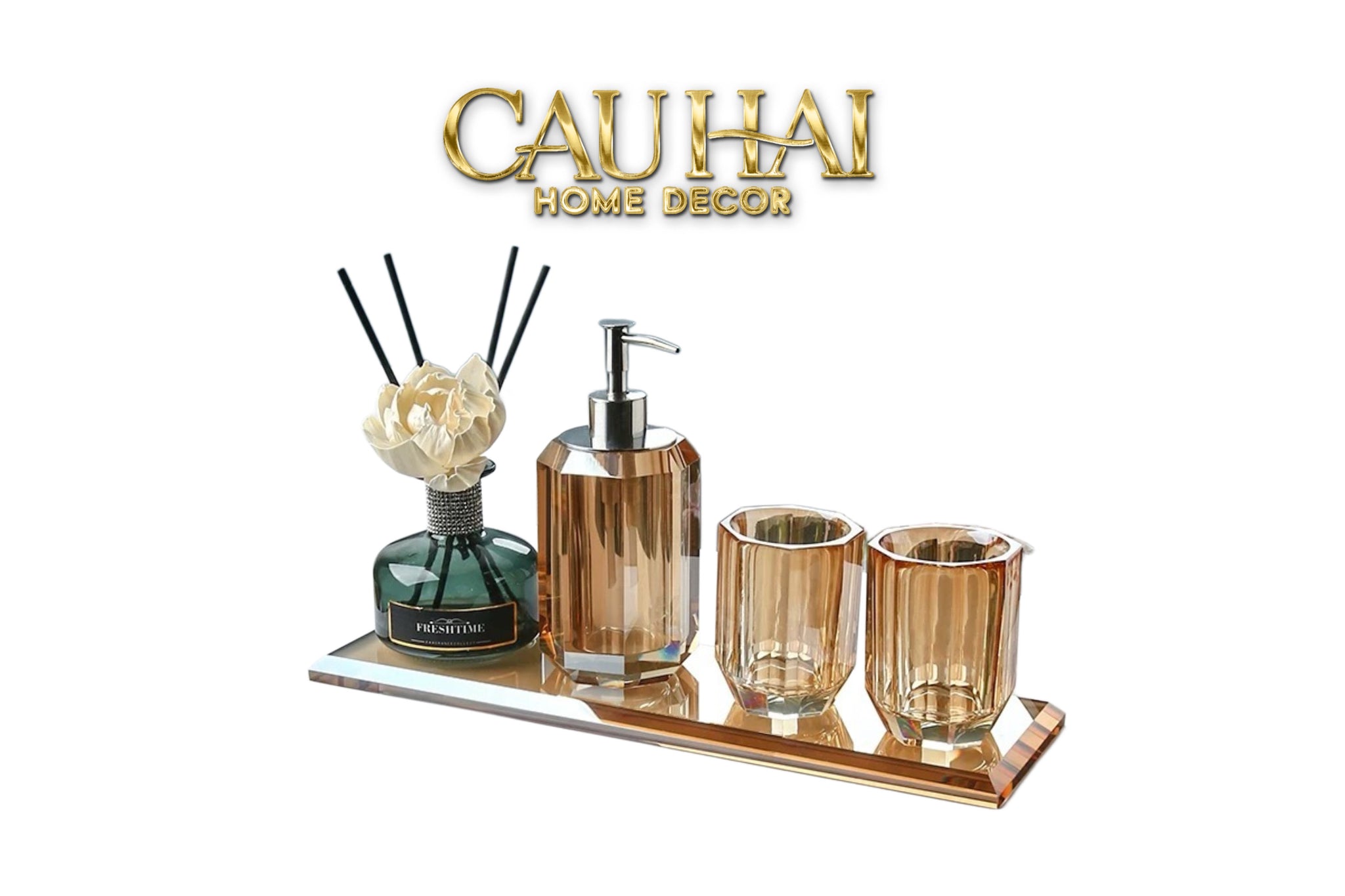 Set Nhà Tắm Pha Lê 4 Món Champagne Gold Cristalleries Bathroom Vanity Set 4pcs-PHỤ KIỆN NHÀ TẮM-CẬU HAI HOME DECOR