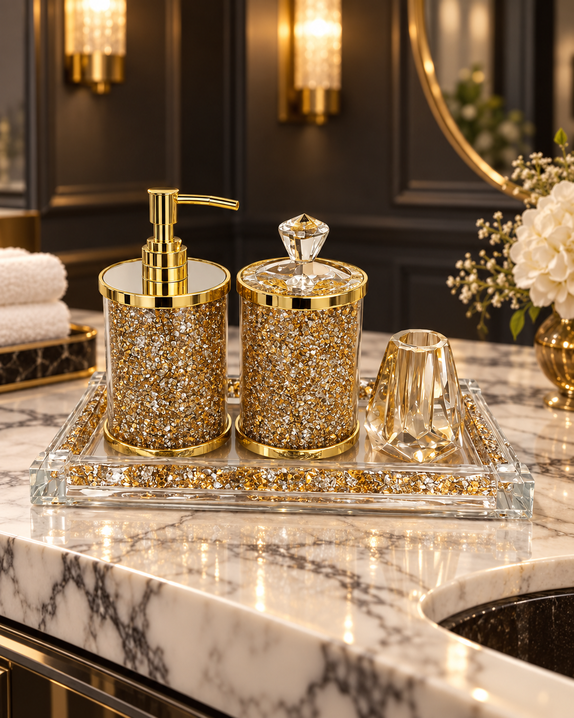 Set phụ kiện nhà tắm pha lê Pavé Gold 4 món trong không gian cao cấp
