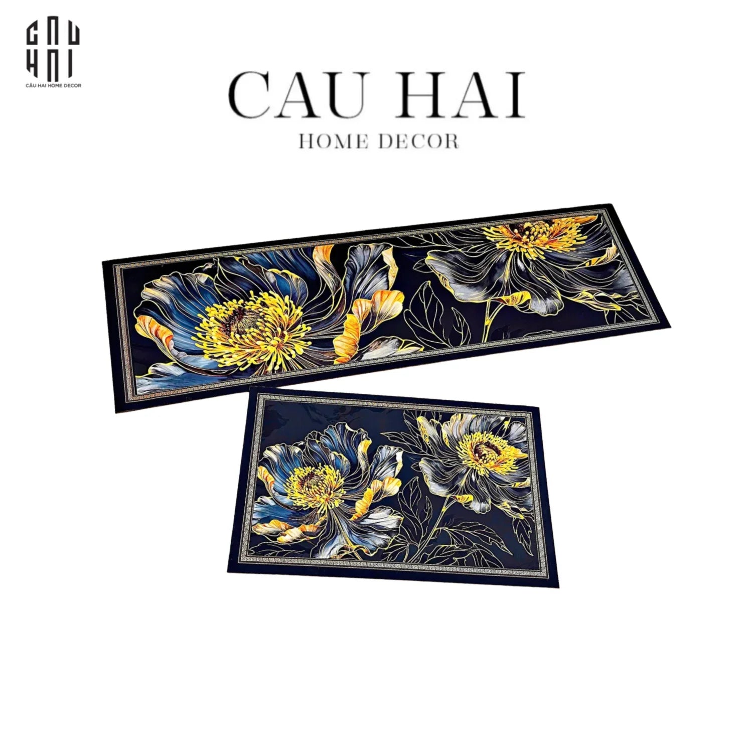 Set Thảm Bếp Microfiber 45x75/150 - Hoa Mẫu Đơn - Golden Pivoine-CẬU HAI HOME DECOR