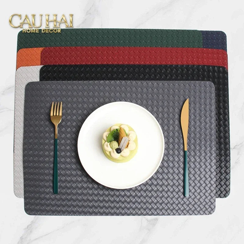 Tấm Lót Bàn Ăn Da Đan Bản Màu Đỏ Mận - Rouge Matte Intrecciato Leather Placemat 30x43 - Đỏ Mận-CẬU HAI HOME DECOR
