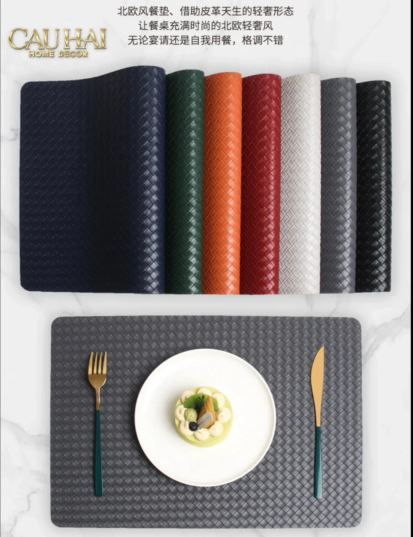 Tấm Lót Bàn Ăn Da Đan Bản Màu Đỏ Mận - Rouge Matte Intrecciato Leather Placemat 30x43 - Đỏ Mận-CẬU HAI HOME DECOR