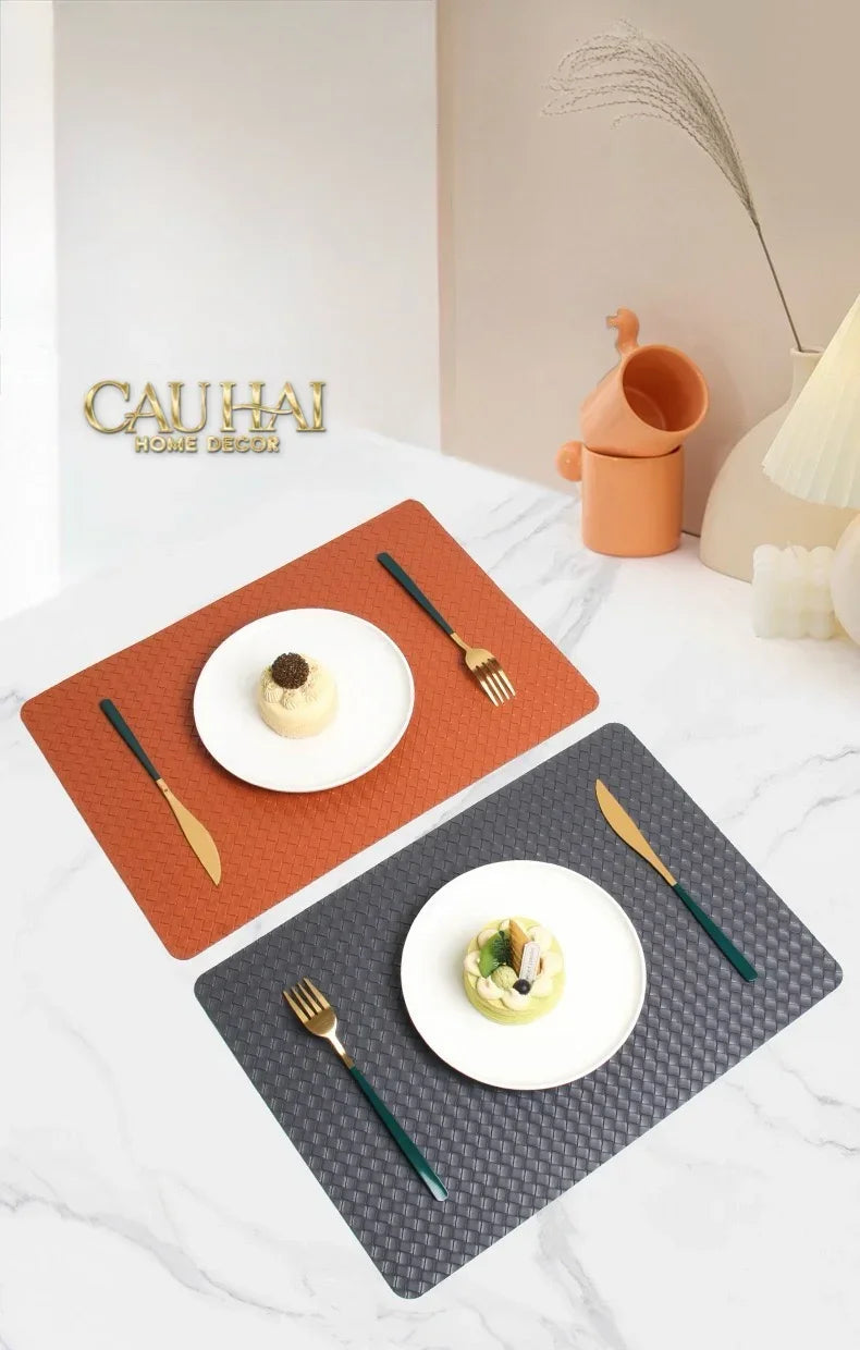 Tấm Lót Bàn Ăn Da Đan Bản Màu Đỏ Mận - Rouge Matte Intrecciato Leather Placemat 30x43 - Đỏ Mận-CẬU HAI HOME DECOR