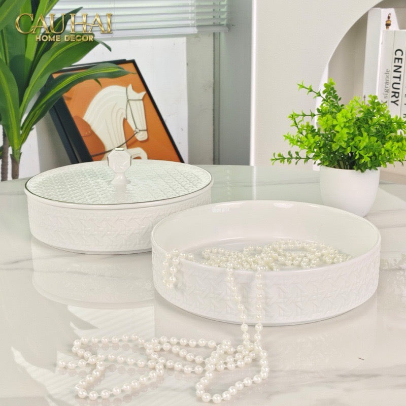 Tết Couture - Gift Box Khay Bánh Kẹo Blanc D’Ivoire Porcelain Élégance Fêtes Plateau - CẬU HAI HOME DECOR
