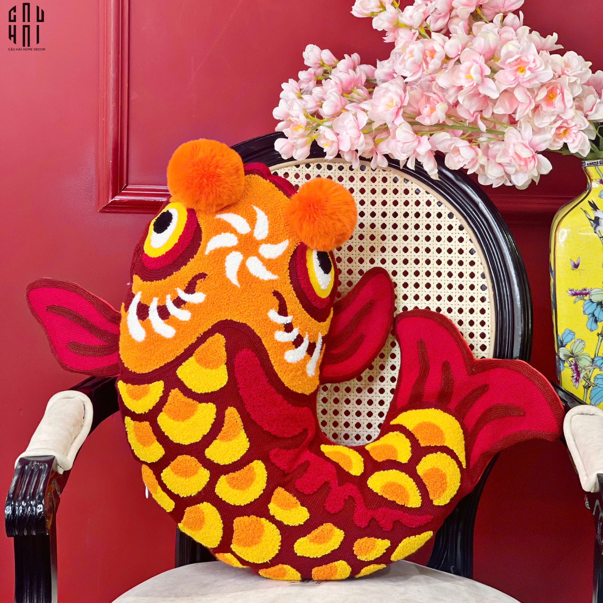 Tết Couture - Gối Cá Chép Vũ Môn - Kim Lý Hoá Long Art Cushion - CẬU HAI HOME DECOR