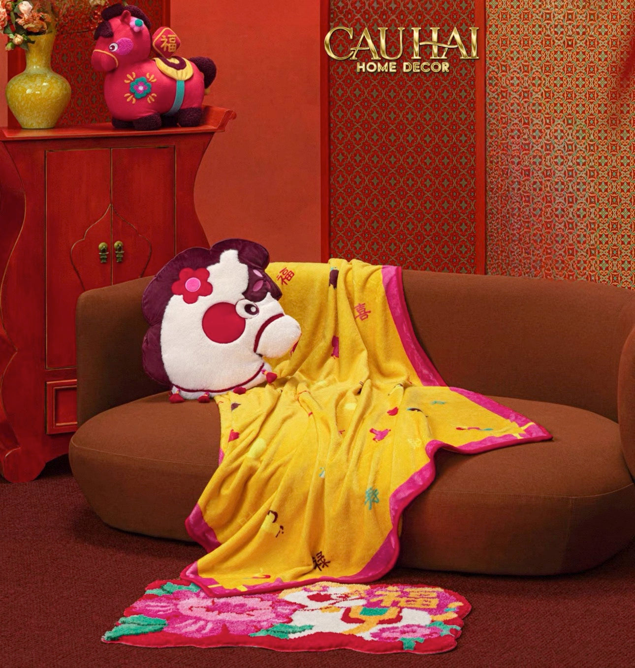 Tết Couture - Gối Chăn Cashmere Bạch Mã Kim Tường 120 x 1me - CẬU HAI HOME DECOR