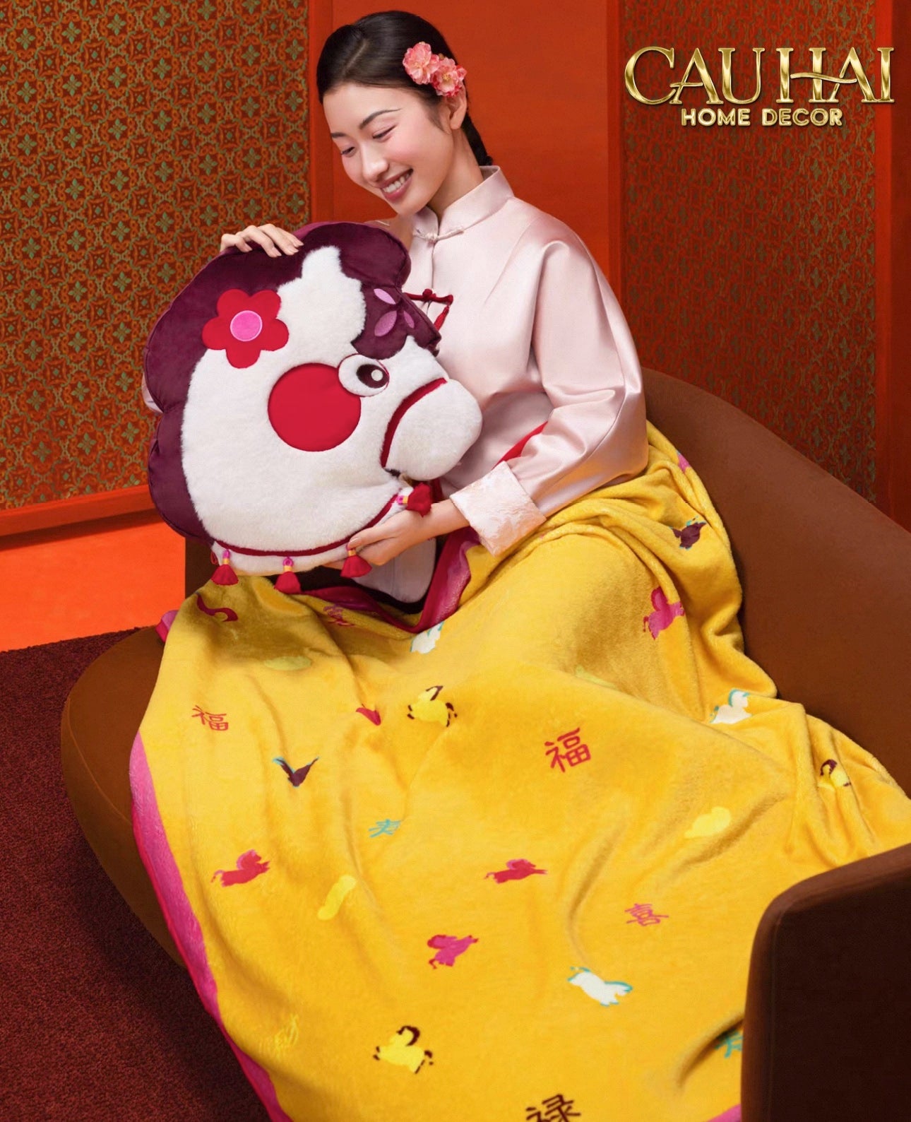 Tết Couture - Gối Chăn Cashmere Bạch Mã Kim Tường 120 x 1me - CẬU HAI HOME DECOR