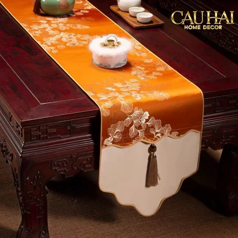 Tết Couture - Khăn Trải Bàn Kim Diệp Hoàng Ngân 2m4 Luxury Embroidered Silk Table Runner-CẬU HAI HOME DECOR
