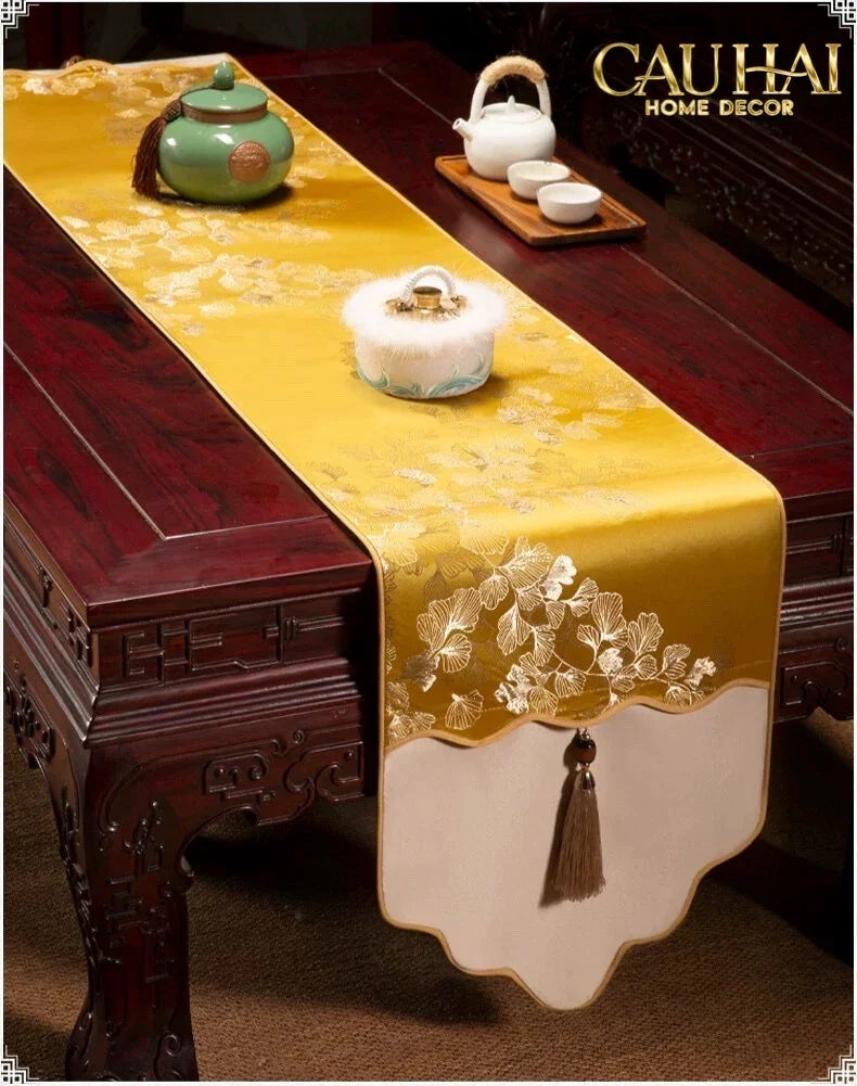 Tết Couture - Khăn Trải Bàn Kim Diệp Hoàng Ngân 2m4 Luxury Embroidered Silk Table Runner-CẬU HAI HOME DECOR