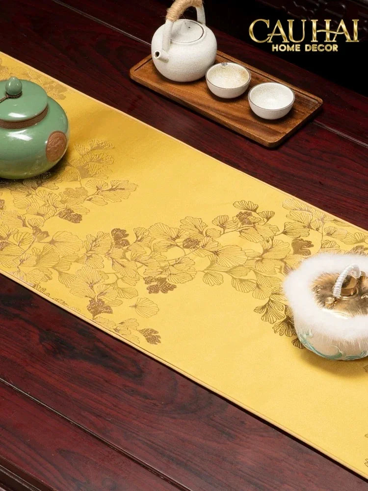 Tết Couture - Khăn Trải Bàn Kim Diệp Hoàng Ngân 2m4 Luxury Embroidered Silk Table Runner-CẬU HAI HOME DECOR