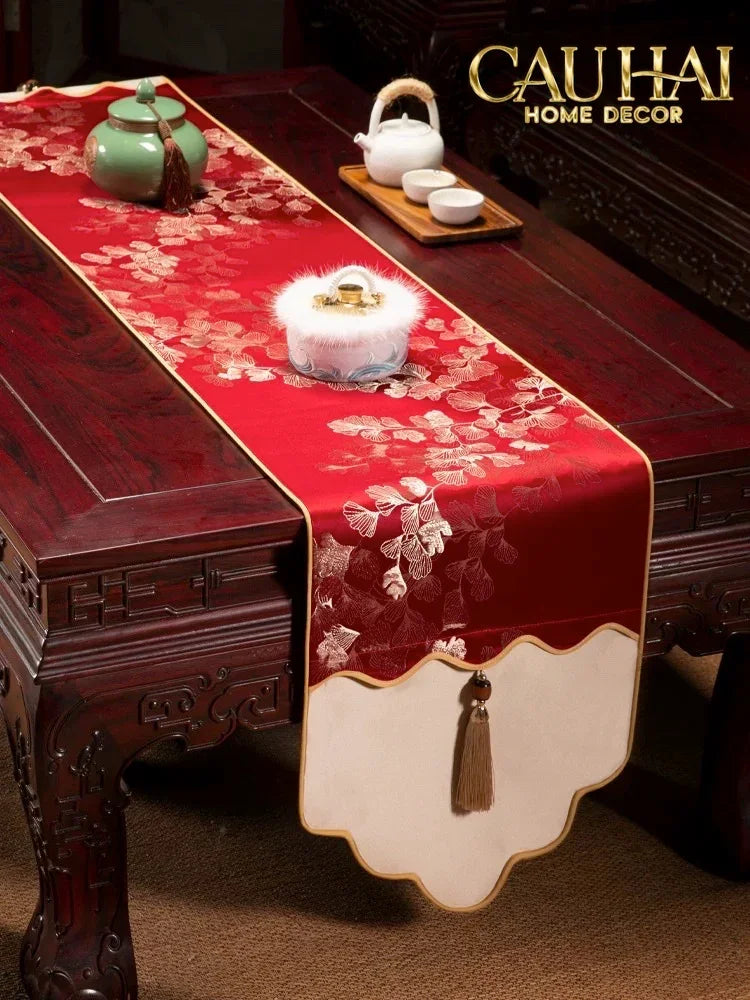 Tết Couture - Khăn Trải Bàn Kim Diệp Hoàng Ngân 2m4 Luxury Embroidered Silk Table Runner-CẬU HAI HOME DECOR