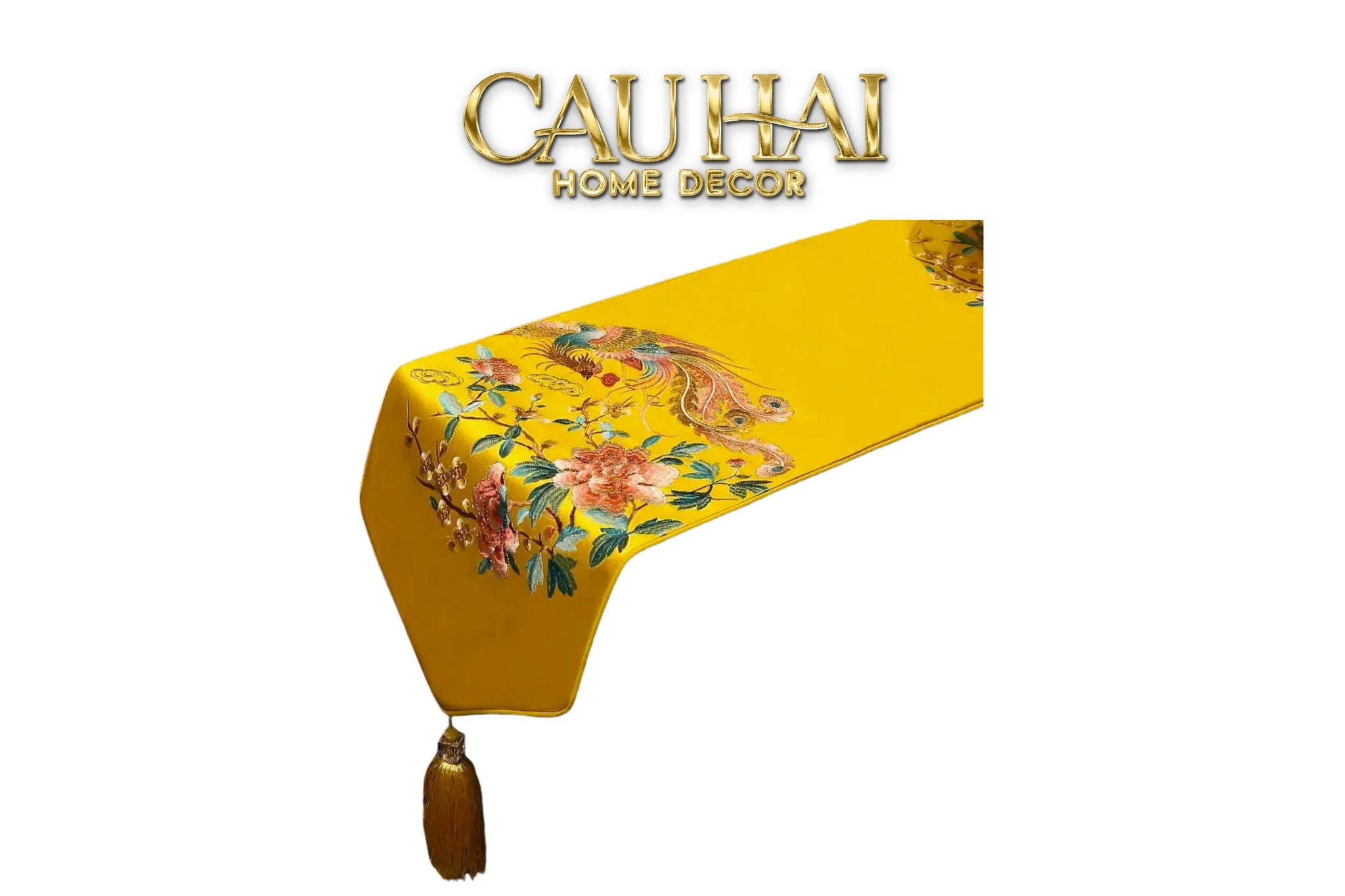 Tết Couture - Khăn Trải Bàn Kim Loan Tường Hoà 2m1x33 Luxury Embroidered Silk Table Runner-CẬU HAI HOME DECOR