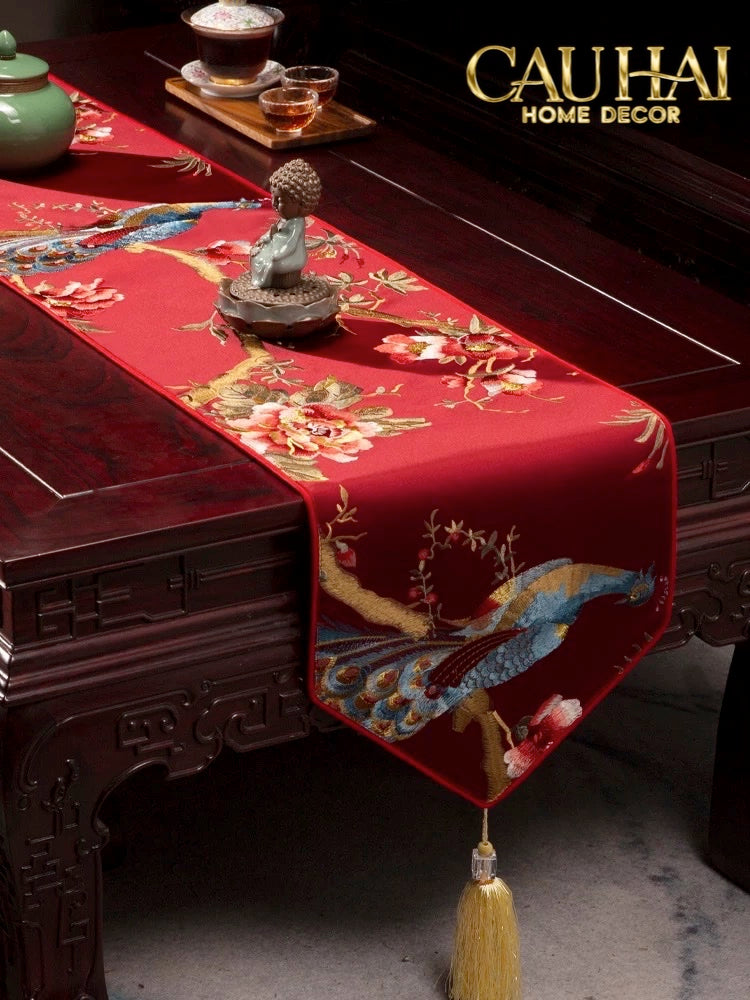 Tết Couture - Khăn Trải Bàn Lụa Thêu Chu Tước 2m4 - CẬU HAI HOME DECOR