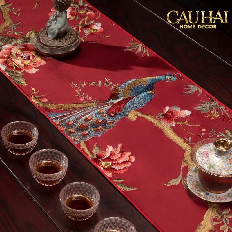 Tết Couture - Khăn Trải Bàn Lụa Thêu Chu Tước 2m4 - CẬU HAI HOME DECOR