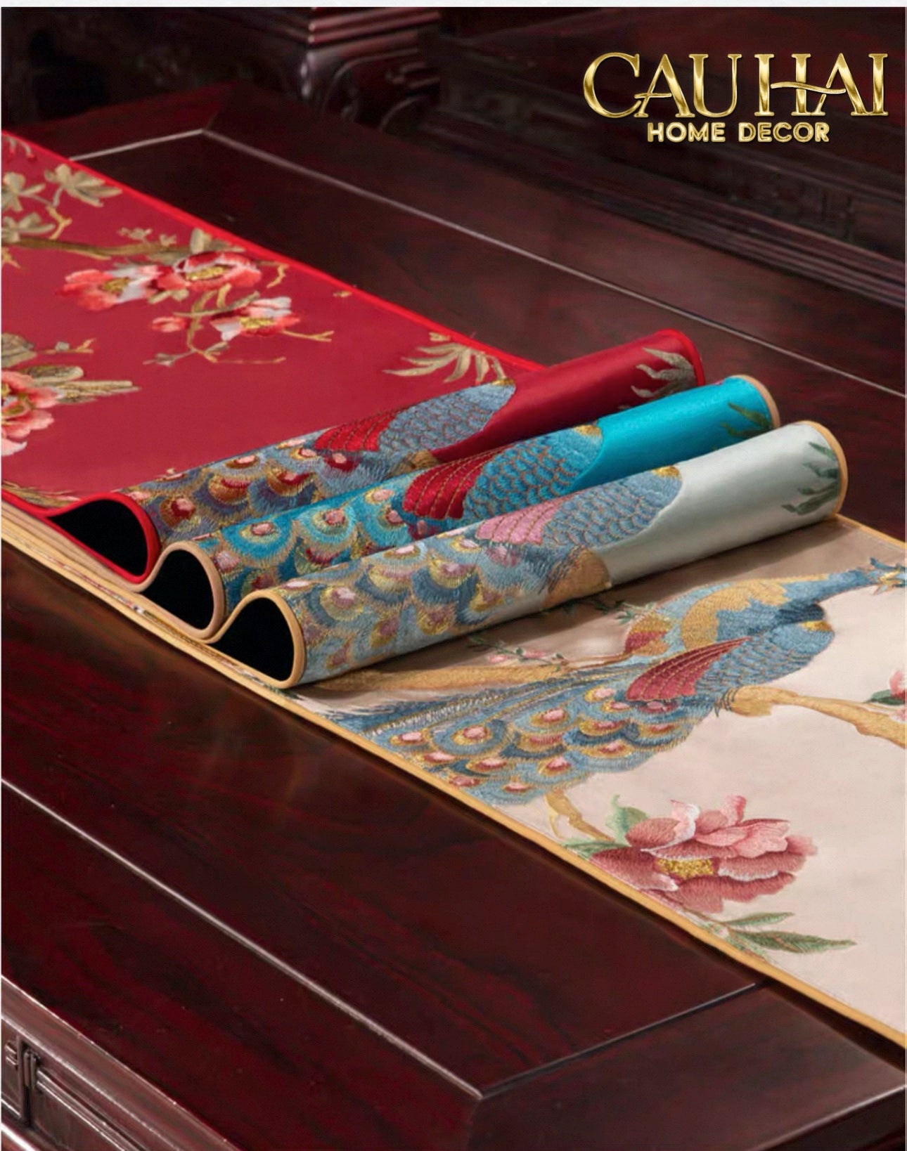 Tết Couture - Khăn Trải Bàn Lụa Thêu Chu Tước 2m4 - CẬU HAI HOME DECOR